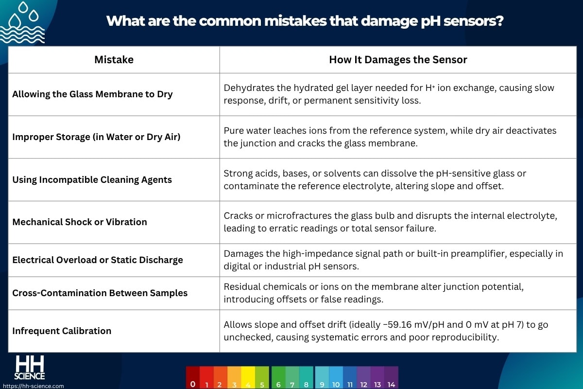 What are the common mistakes that damage pH sensors