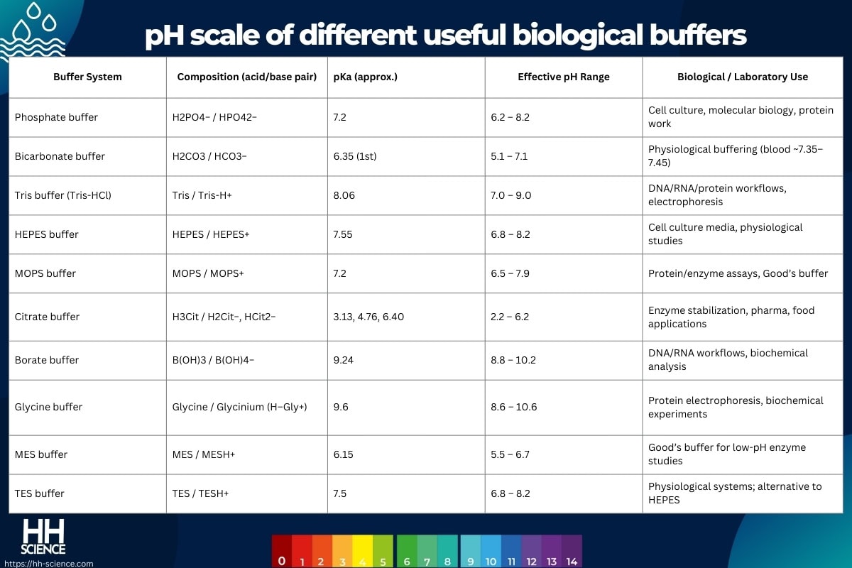 pH scale of different useful biological buffers