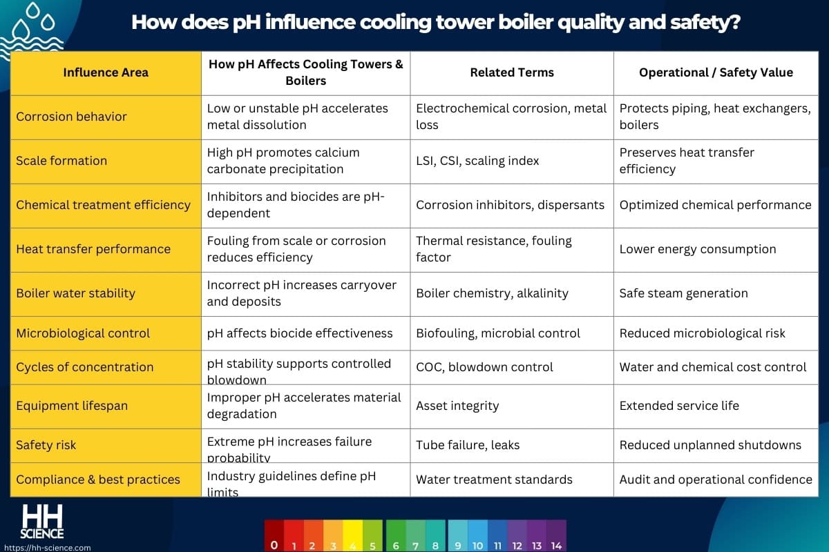 How does pH influence cooling tower boiler quality and safety