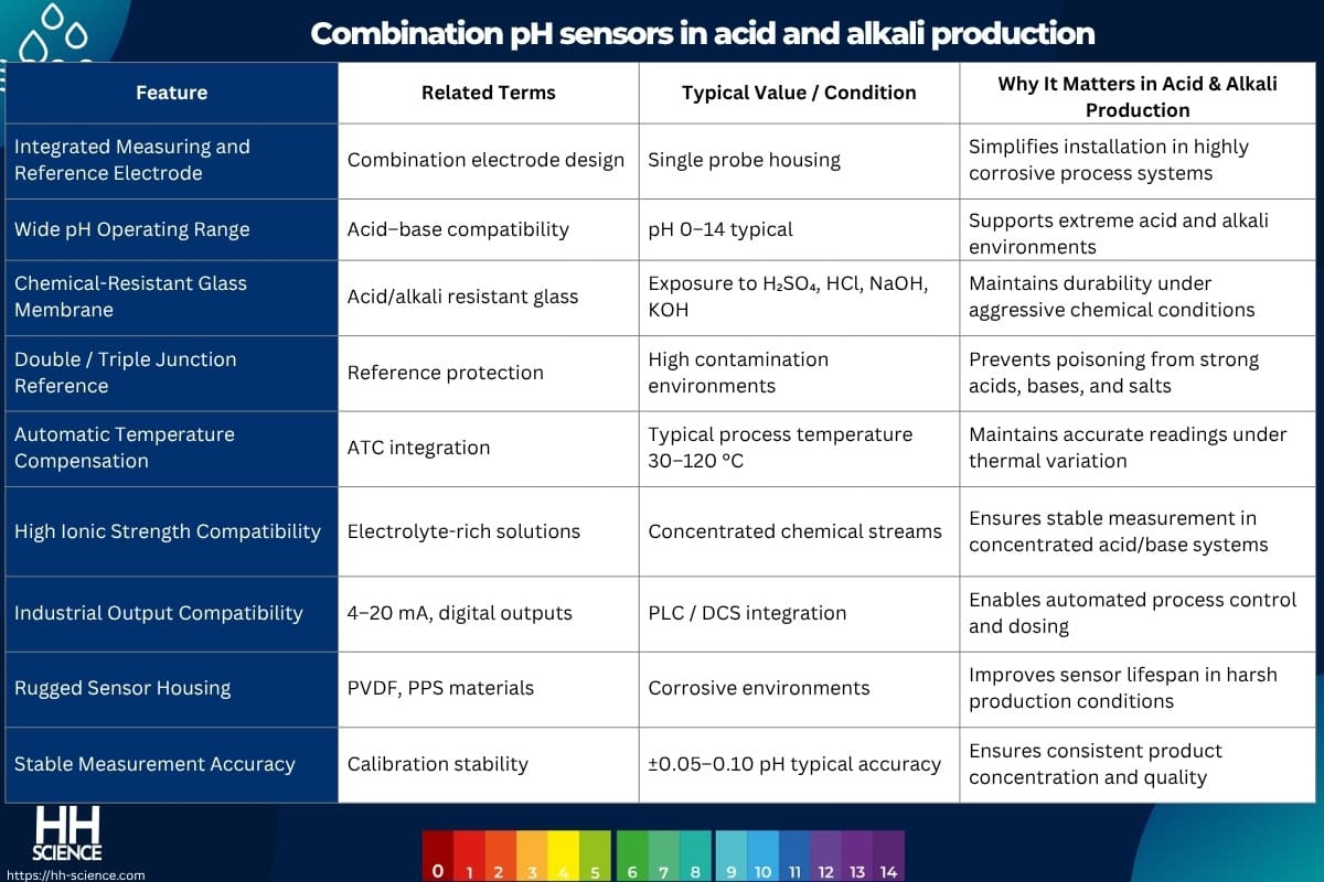 Combination pH sensors in acid and alkali production