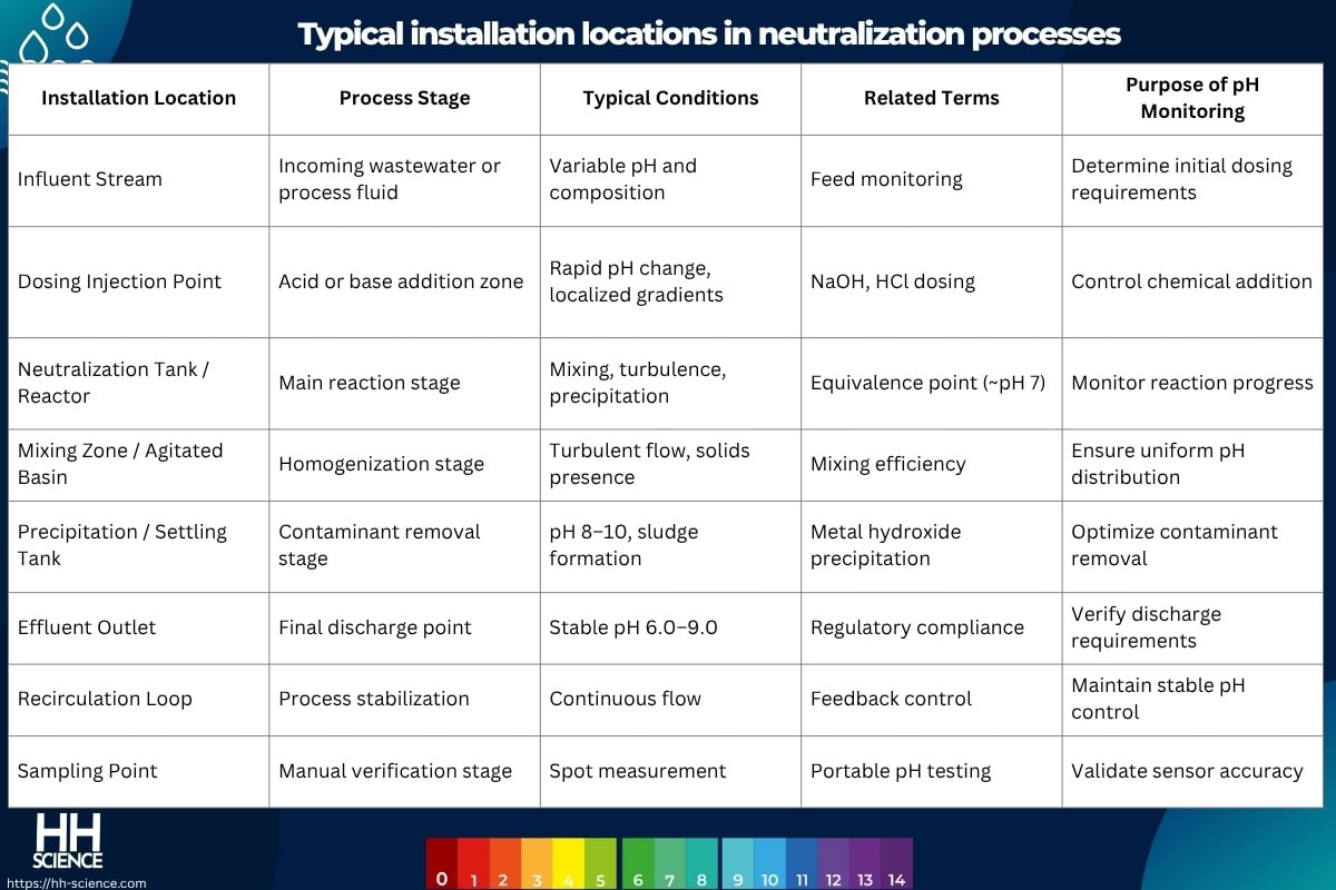 Typical installation locations in neutralization processes