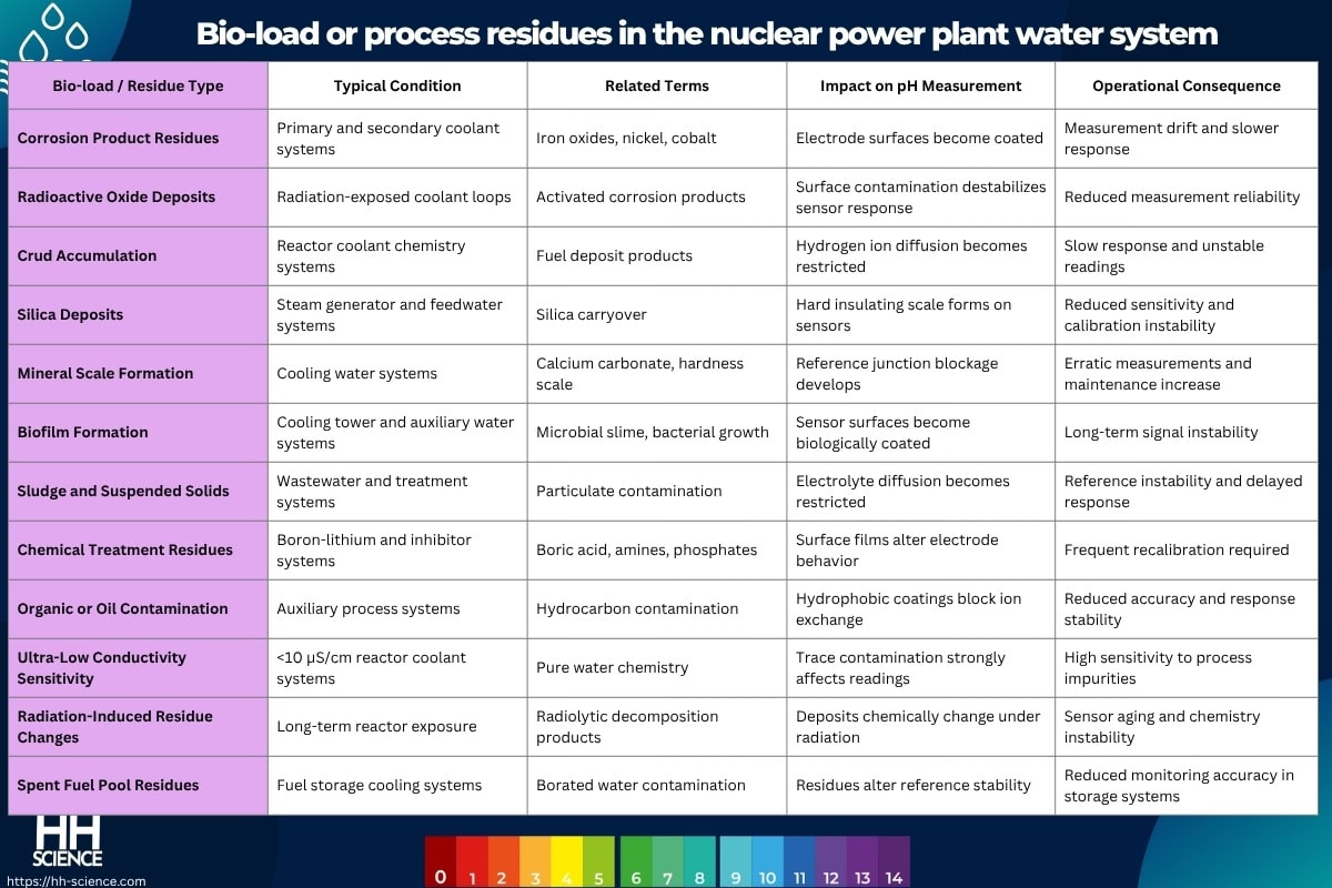 Bio-load or process residues in the nuclear power plant water system