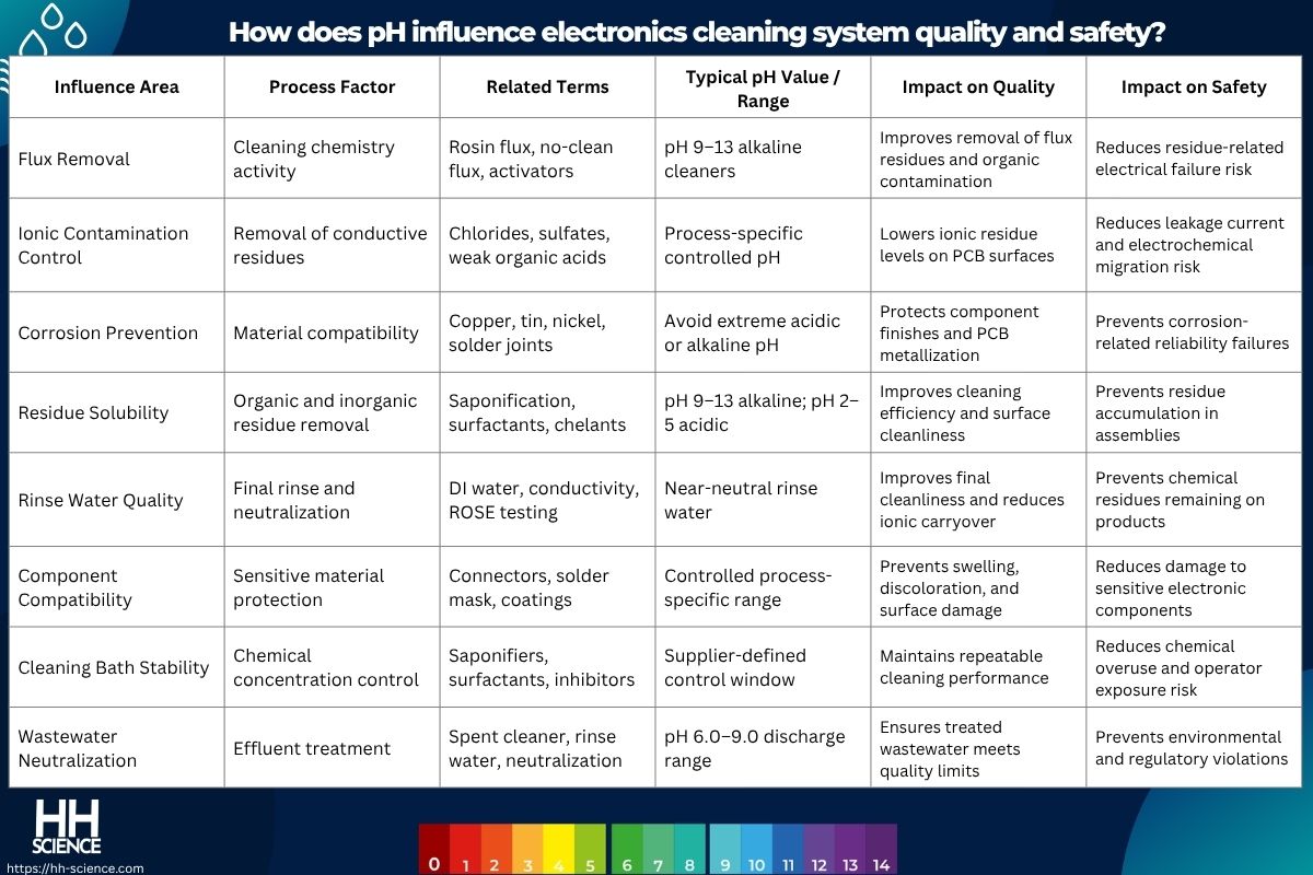 How does pH influence electronics cleaning system quality and safety