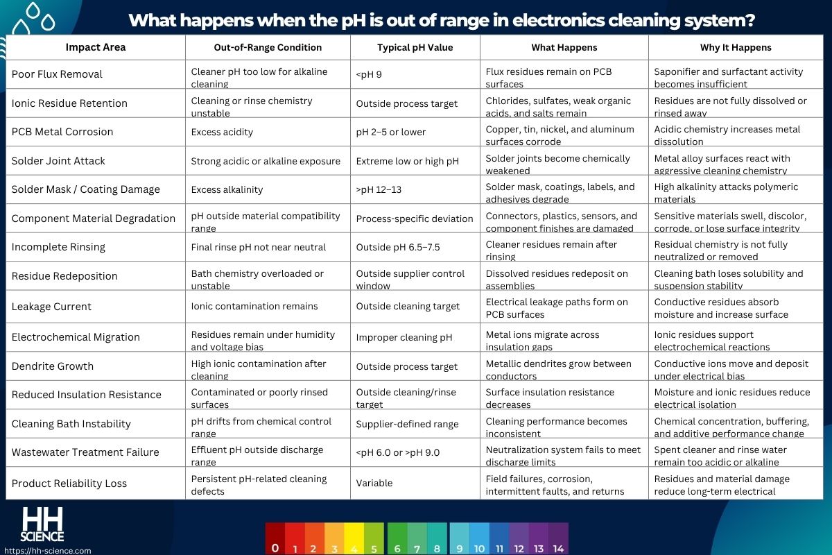 What happens when the pH is out of range in electronics cleaning system